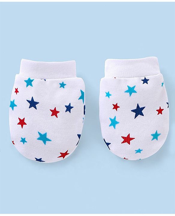 Babyhug 100% Cotton Knit Mittens and Booties Star Print - White