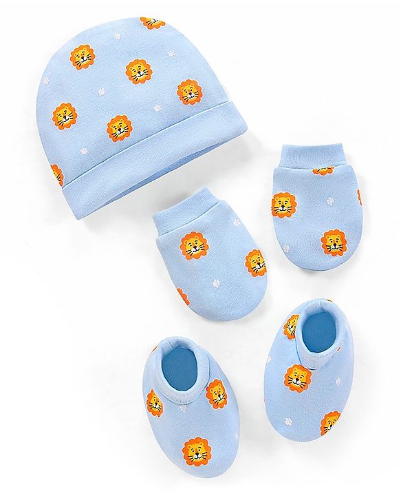 Babyhug 100% Cotton Knit Cap Mittens and Booties Lion Face Print Blue - Diameter 11.5 cm