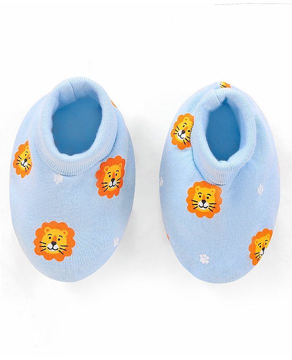 Babyhug 100% Cotton Knit Cap Mittens and Booties Lion Face Print Blue - Diameter 11.5 cm