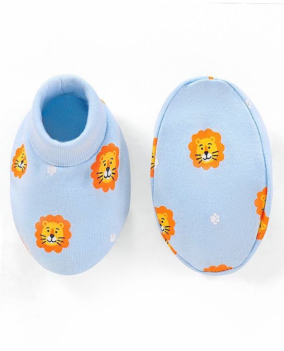 Babyhug 100% Cotton Knit Cap Mittens and Booties Lion Face Print Blue - Diameter 11.5 cm