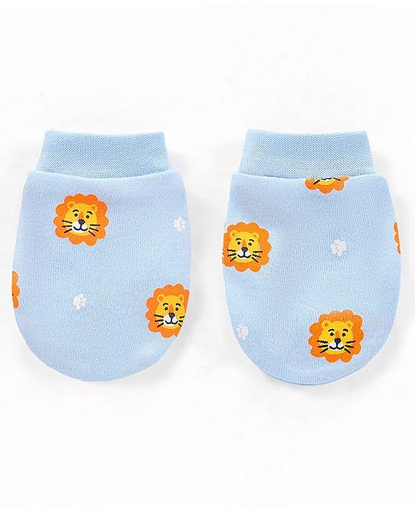 Babyhug 100% Cotton Knit Cap Mittens and Booties Lion Face Print Blue - Diameter 11.5 cm