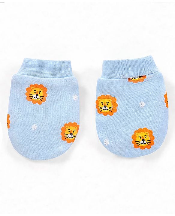 Babyhug 100% Cotton Knit Cap Mittens and Booties Lion Face Print Blue - Diameter 11.5 cm