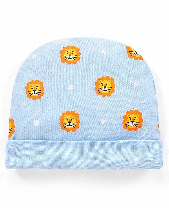 Babyhug 100% Cotton Knit Cap Mittens and Booties Lion Face Print Blue - Diameter 11.5 cm