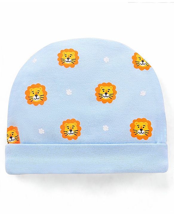 Babyhug 100% Cotton Knit Cap Mittens and Booties Lion Face Print Blue - Diameter 11.5 cm