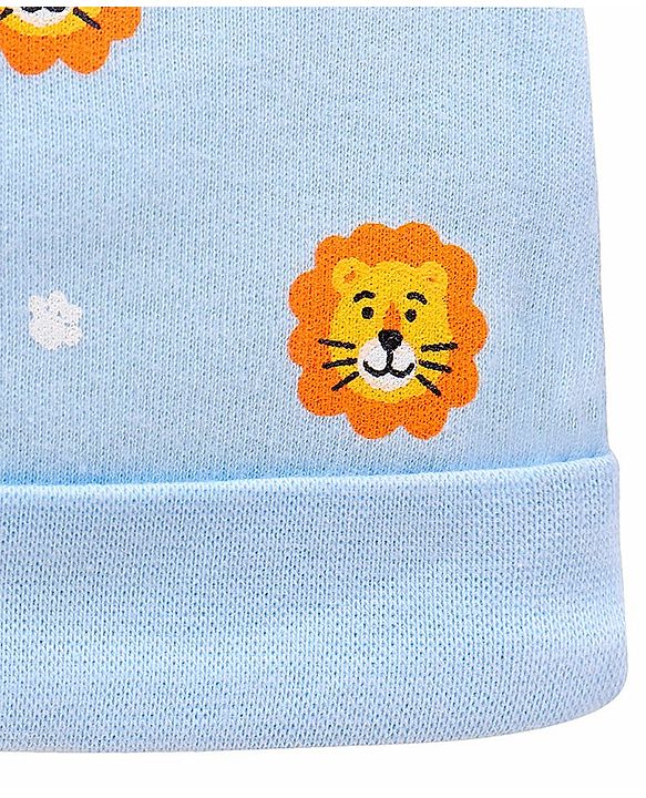 Babyhug 100% Cotton Knit Cap Mittens and Booties Lion Face Print Blue - Diameter 11.5 cm