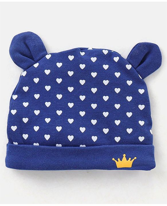 Babyhug 100% Cotton Knit Ear Applique Cap Mittens & Booties Set Heart Print Navy - Diameter 10 cm