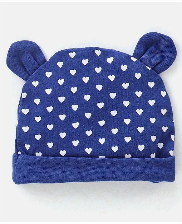 Babyhug 100% Cotton Knit Ear Applique Cap Mittens & Booties Set Heart Print Navy - Diameter 10 cm