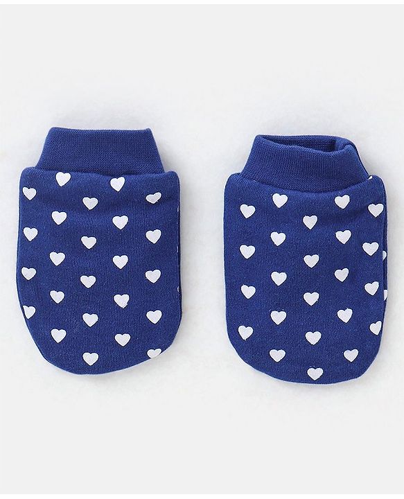 Babyhug 100% Cotton Knit Ear Applique Cap Mittens & Booties Set Heart Print Navy - Diameter 10 cm