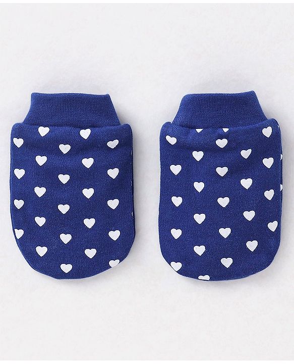 Babyhug 100% Cotton Knit Ear Applique Cap Mittens & Booties Set Heart Print Navy - Diameter 10 cm