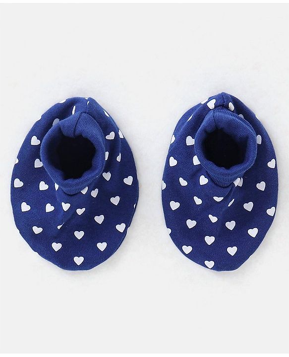 Babyhug 100% Cotton Knit Ear Applique Cap Mittens & Booties Set Heart Print Navy - Diameter 10 cm