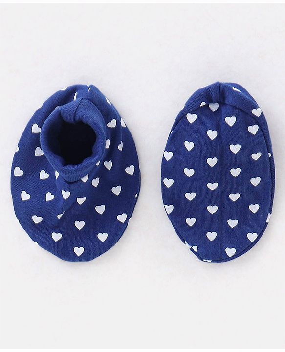 Babyhug 100% Cotton Knit Ear Applique Cap Mittens & Booties Set Heart Print Navy - Diameter 10 cm