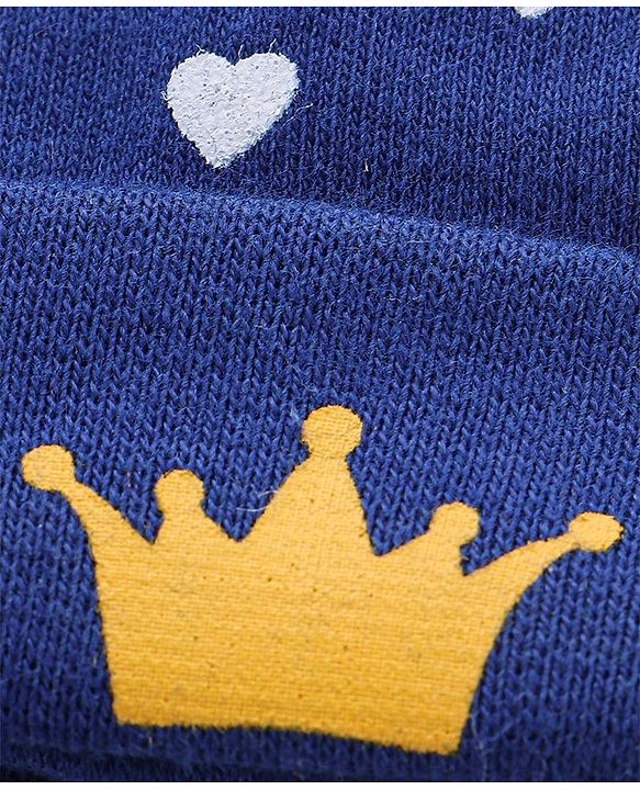 Babyhug 100% Cotton Knit Ear Applique Cap Mittens & Booties Set Heart Print Navy - Diameter 10 cm