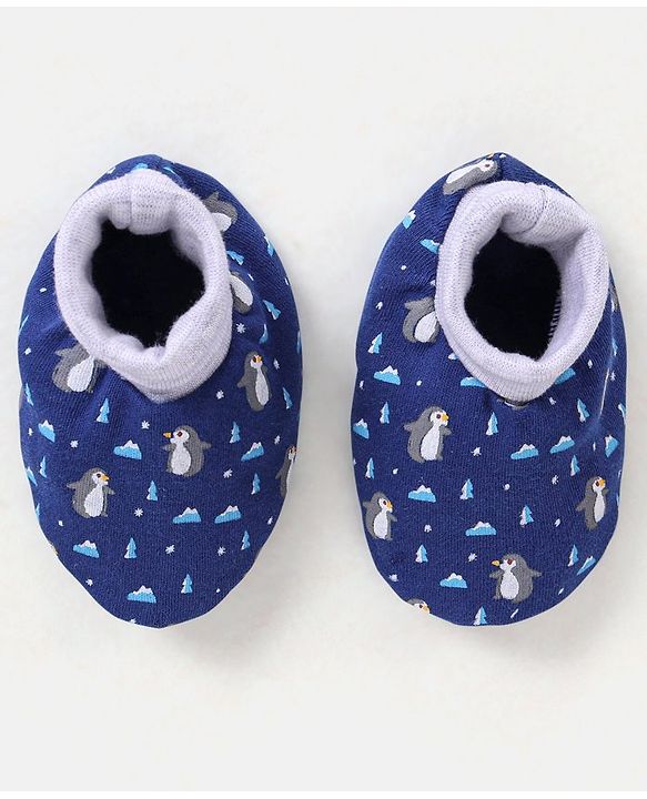 Babyhug 100% Cotton Knit Ear Applique Cap Mittens & Booties Set Penguins Printed Navy - Diameter 11.5