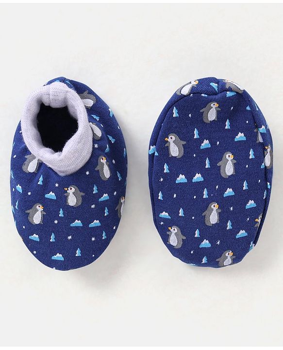 Babyhug 100% Cotton Knit Ear Applique Cap Mittens & Booties Set Penguins Printed Navy - Diameter 11.5
