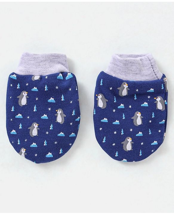 Babyhug 100% Cotton Knit Ear Applique Cap Mittens & Booties Set Penguins Printed Navy - Diameter 11.5