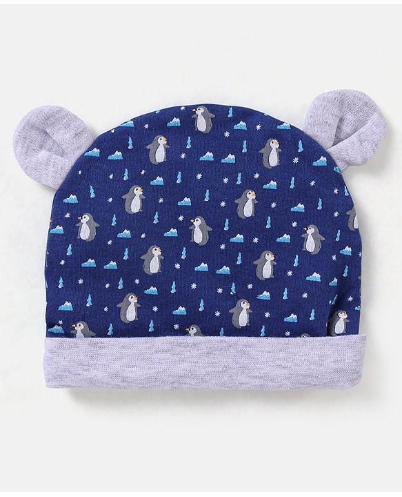 Babyhug 100% Cotton Knit Ear Applique Cap Mittens & Booties Set Penguins Printed Navy - Diameter 11.5