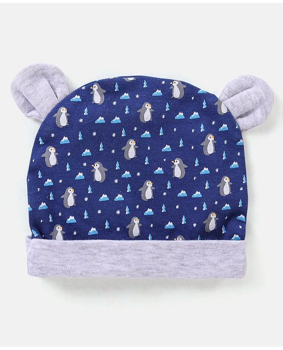 Babyhug 100% Cotton Knit Ear Applique Cap Mittens & Booties Set Penguins Printed Navy - Diameter 11.5