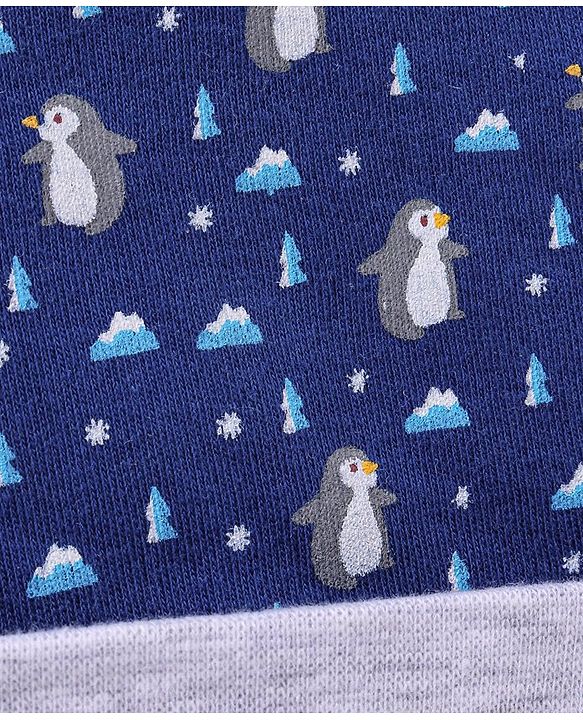 Babyhug 100% Cotton Knit Ear Applique Cap Mittens & Booties Set Penguins Printed Navy - Diameter 11.5