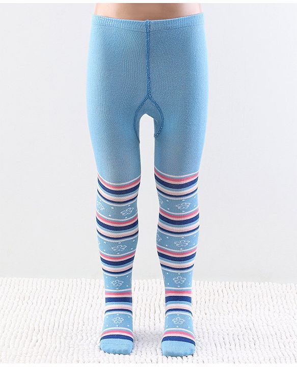 Cutewalk by Babyhug Anti Bacterial Footed Tights Stripes & Floral Design - Light Blue