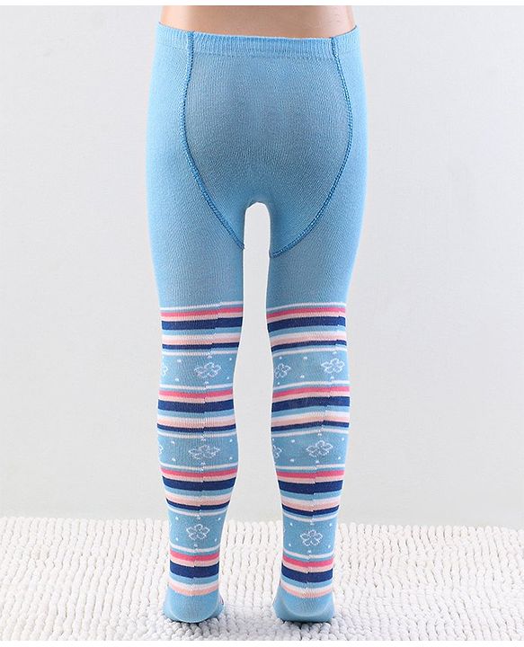 Cutewalk by Babyhug Anti Bacterial Footed Tights Stripes & Floral Design - Light Blue