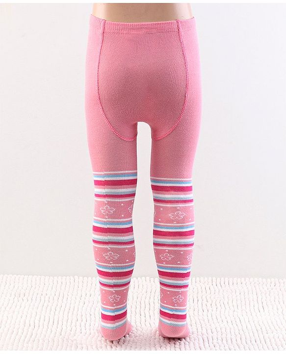Cutewalk by Babyhug Anti Bacterial Footed Tights Stripes & Floral Design - Pink