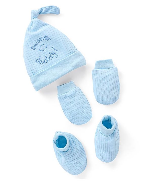 Babyhug 100% Cotton Knit Mittens & Booties Set Text Embroidery Blue - Diameter 10.5 cm