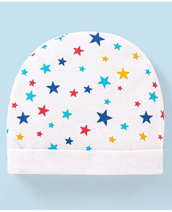 Babyhug 100% Cotton Stars Printed Cap Mittens & Booties - Cap Diameter 13 cm