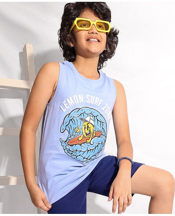 Pine Kids Cotton Sleeveless Biowashed T-Shirt Surf Print- Blue