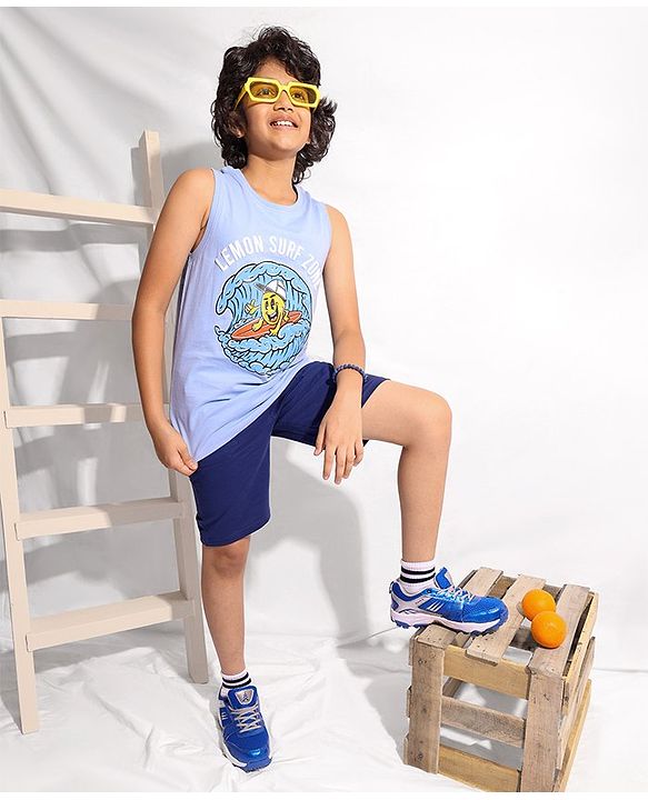 Pine Kids Cotton Sleeveless Biowashed T-Shirt Surf Print- Blue
