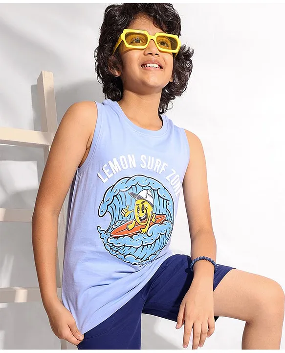Buy Pine Kids Cotton Sleeveless Biowashed TShirt Surf Print Blue