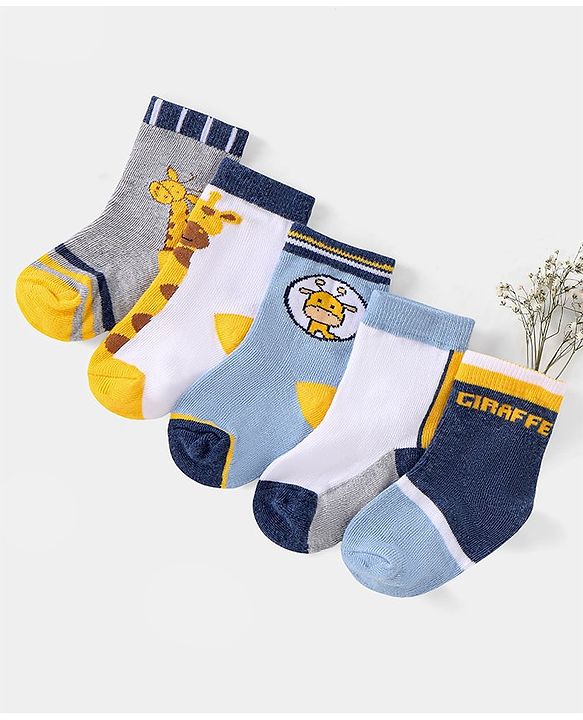 Cutewalk by Babyhug Ankle Length Anti-bacterial Cotton Knit Blend Socks Giraffe Design Pack of 5 - Multicolour
