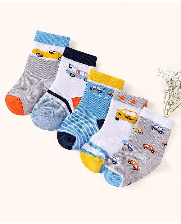 Cutewalk by Babyhug Ankle Length Anti-bacterial Cotton Knit Blend Socks Cars and Striped Design Pack of 5 - Multicolour