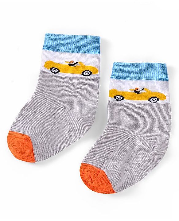 Cutewalk by Babyhug Ankle Length Anti-bacterial Cotton Knit Blend Socks Cars and Striped Design Pack of 5 - Multicolour
