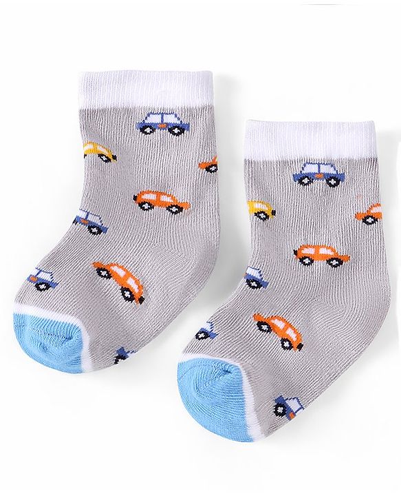 Cutewalk by Babyhug Ankle Length Anti-bacterial Cotton Knit Blend Socks Cars and Striped Design Pack of 5 - Multicolour