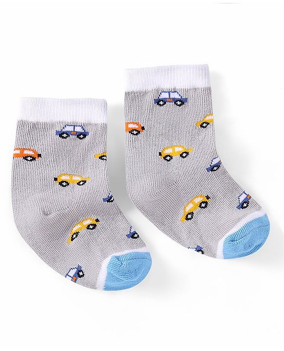 Cutewalk by Babyhug Ankle Length Anti-bacterial Cotton Knit Blend Socks Cars and Striped Design Pack of 5 - Multicolour