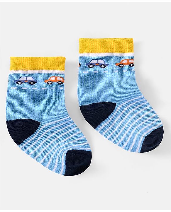 Cutewalk by Babyhug Ankle Length Anti-bacterial Cotton Knit Blend Socks Cars and Striped Design Pack of 5 - Multicolour