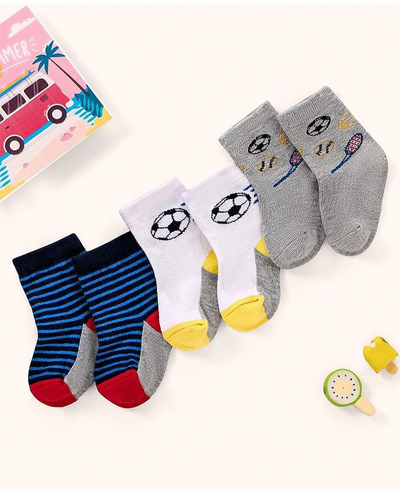 Cutewalk by Babyhug Ankle Length Anti-bacterial Cotton Knit Blend Socks Football and Striped Design Pack of 3 - Multicolour