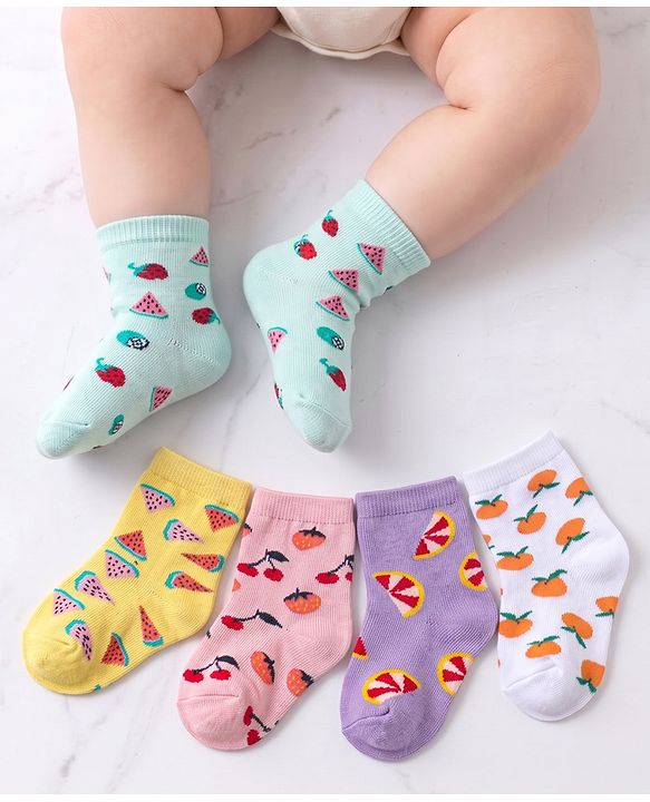 Cutewalk By Babyhug Anti Bacterial Ankle Length Socks Fruit Design Pack Of 5- Multicolor