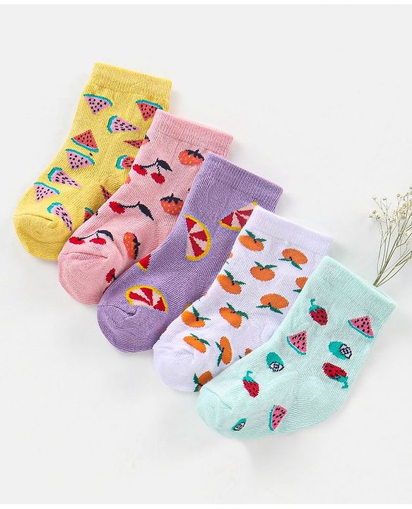 Cutewalk By Babyhug Anti Bacterial Ankle Length Socks Fruit Design Pack Of 5- Multicolor