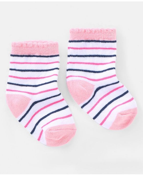 Cutewalk by Babyhug Ankle Length Anti Bacterial Cotton Knit Socks Polka Dot and Striped Design Pack of 3 - Blue & Pink