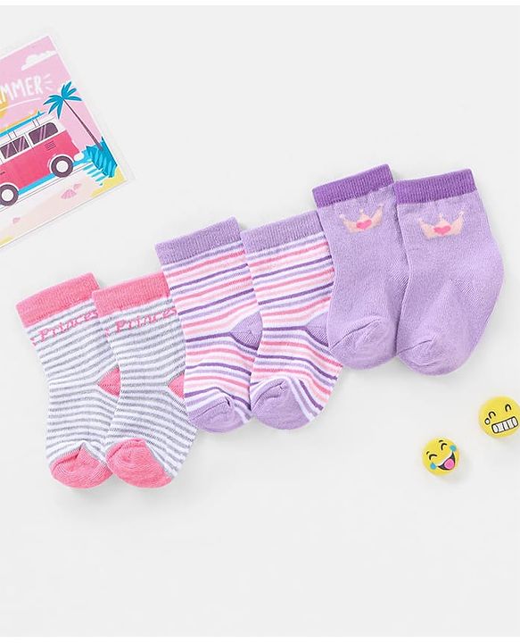 Cutewalk By Babyhug Anti Bacterial Ankle Length Socks Stripes & Crown Design Pack Of 3- Multicolor