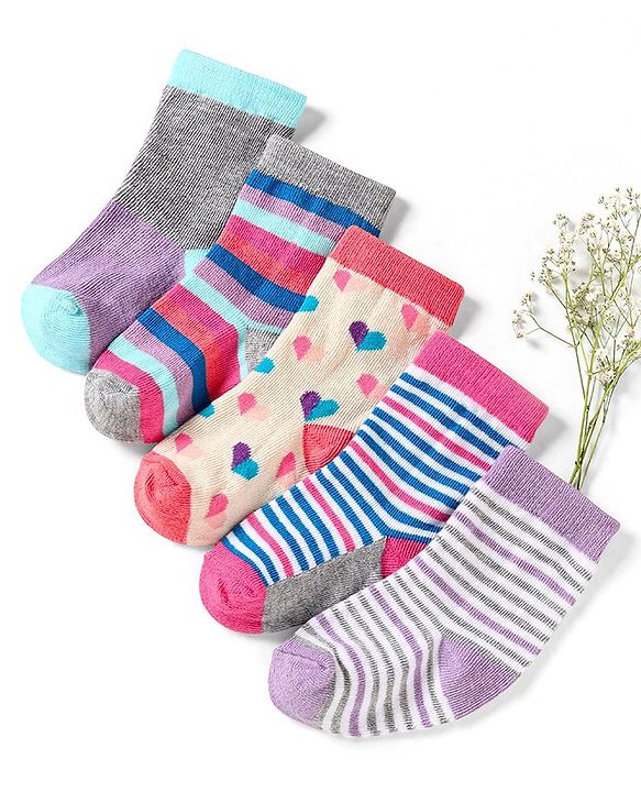 Cute Walk by Babyhug Cotton Anti Bacterial Ankle Length Socks Heart & Stripes Design Pack of 5 - Multicolour