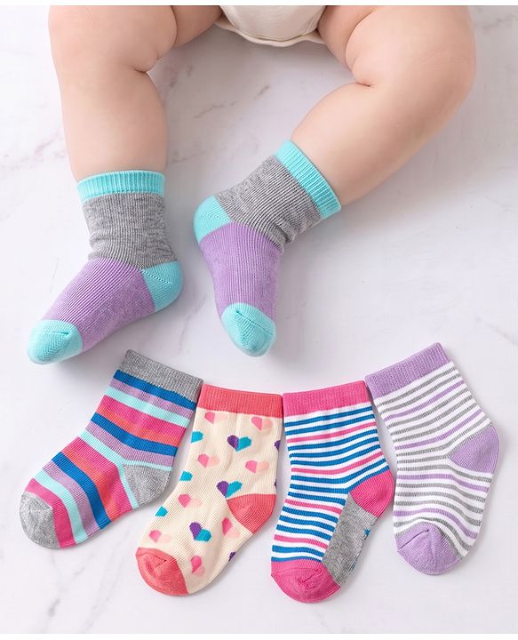 Cute Walk by Babyhug Cotton Anti Bacterial Ankle Length Socks Heart & Stripes Design Pack of 5 - Multicolour