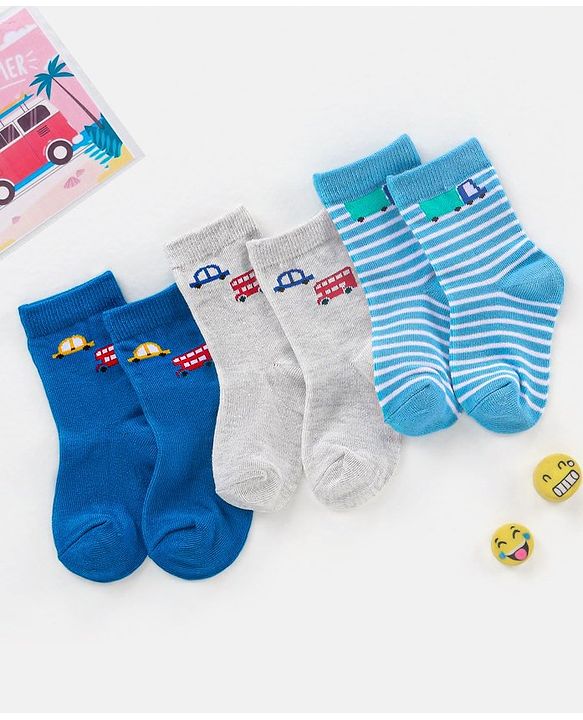 Cutewalk By Babyhug Anti Bacterial Ankle Length Socks Car & Bus Design Pack Of 3- Multicolor