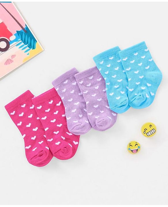 Cutewalk By Babyhug Anti Bacterial Ankle Length Socks Heart Design Pack Of 3- Multicolor