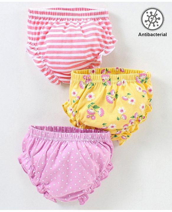 Babyhug 100% Cotton Knit Antibacterial Panties Stripes & Floral Print Pack Of 3 - Pink & Yellow