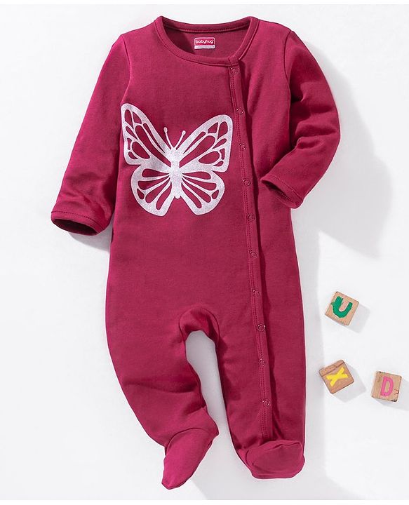 Babyhug Cotton Full Sleeves Sleepsuit Butterfly Print- Maroon