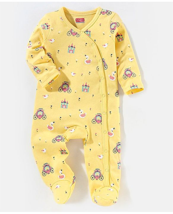 Babyhug Cotton Full Sleeves Sleep Suit Castle Print - Yellow