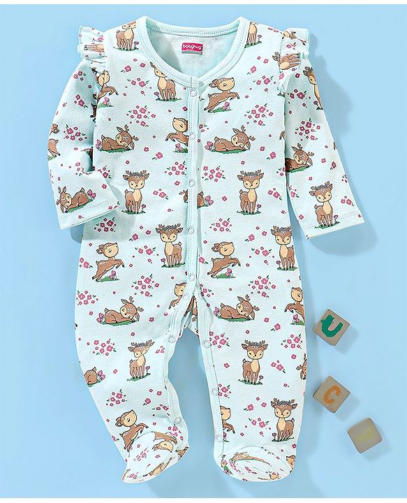 Babyhug Cotton Knit Full Sleeves Sleepsuit Fawn Print - Blue
