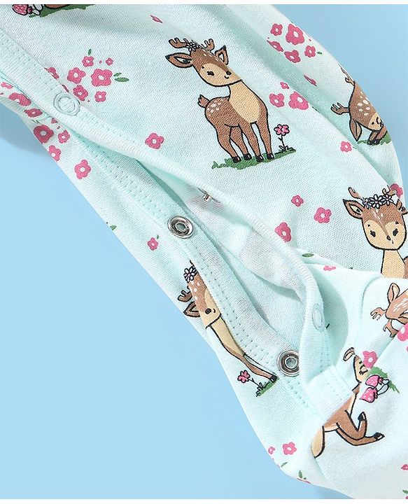 Babyhug Cotton Knit Full Sleeves Sleepsuit Fawn Print - Blue